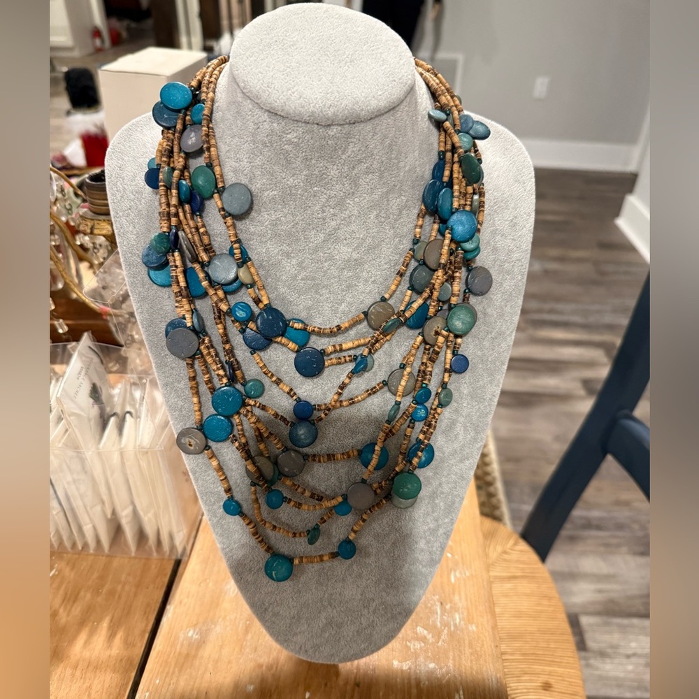 Laila Rowe Blue  and Brown Wooden Beaded Layered Necklace